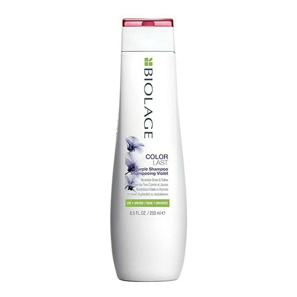Flacone di shampoo bianco con tappo rosa. Scritte: Biolage, Color Last, Purple Shampoo. 8.5 fl. oz / 250 ml.