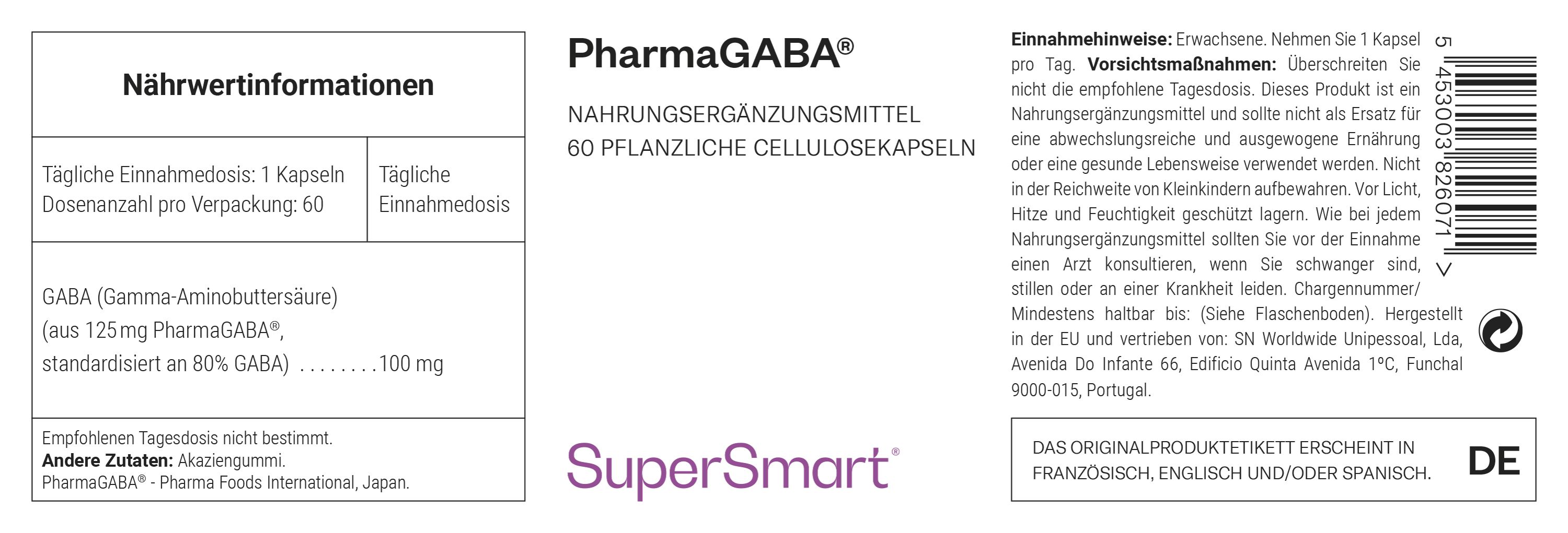 Integratore alimentare PharmaGABA con 60 capsule vegetali. Contiene 100 mg di GABA per capsula.