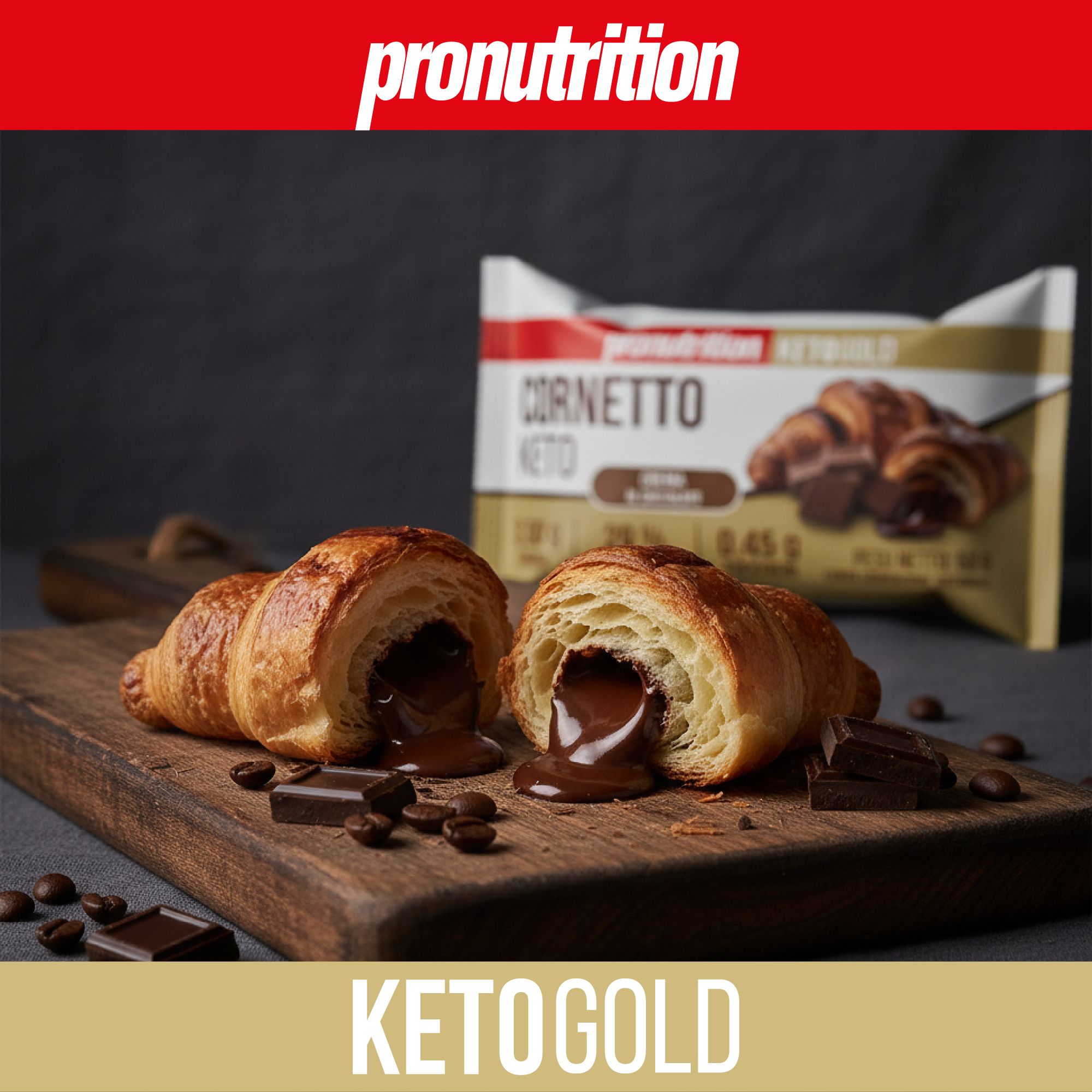 Due croissant ripieni di cioccolato su tagliere. Logo Pronutrition.