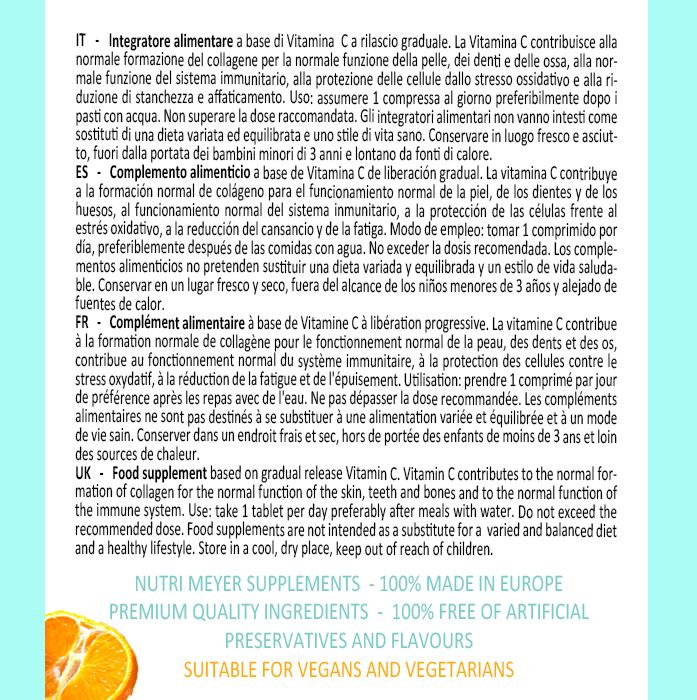 Testo con istruzioni per l'assunzione di vitamina C. Contiene informazioni sul dosaggio e la conservazione.
