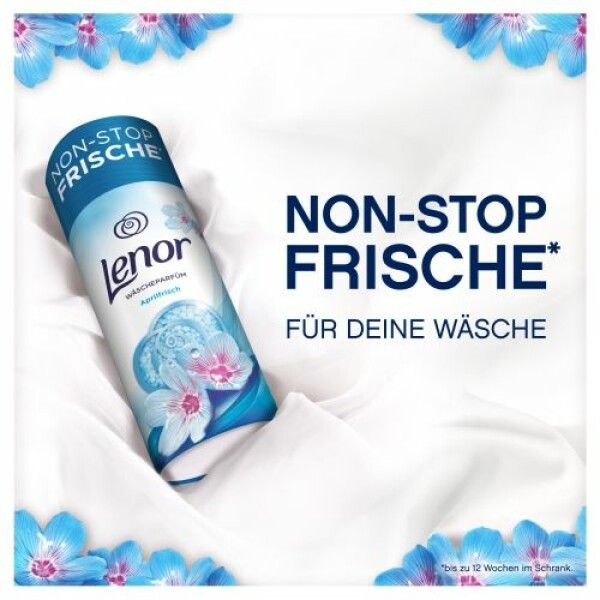 Flacone cilindrico Lenor Waschparfüm Aprilfrisch su tessuto bianco con fiori blu. Testo: Non-Stop Frische.