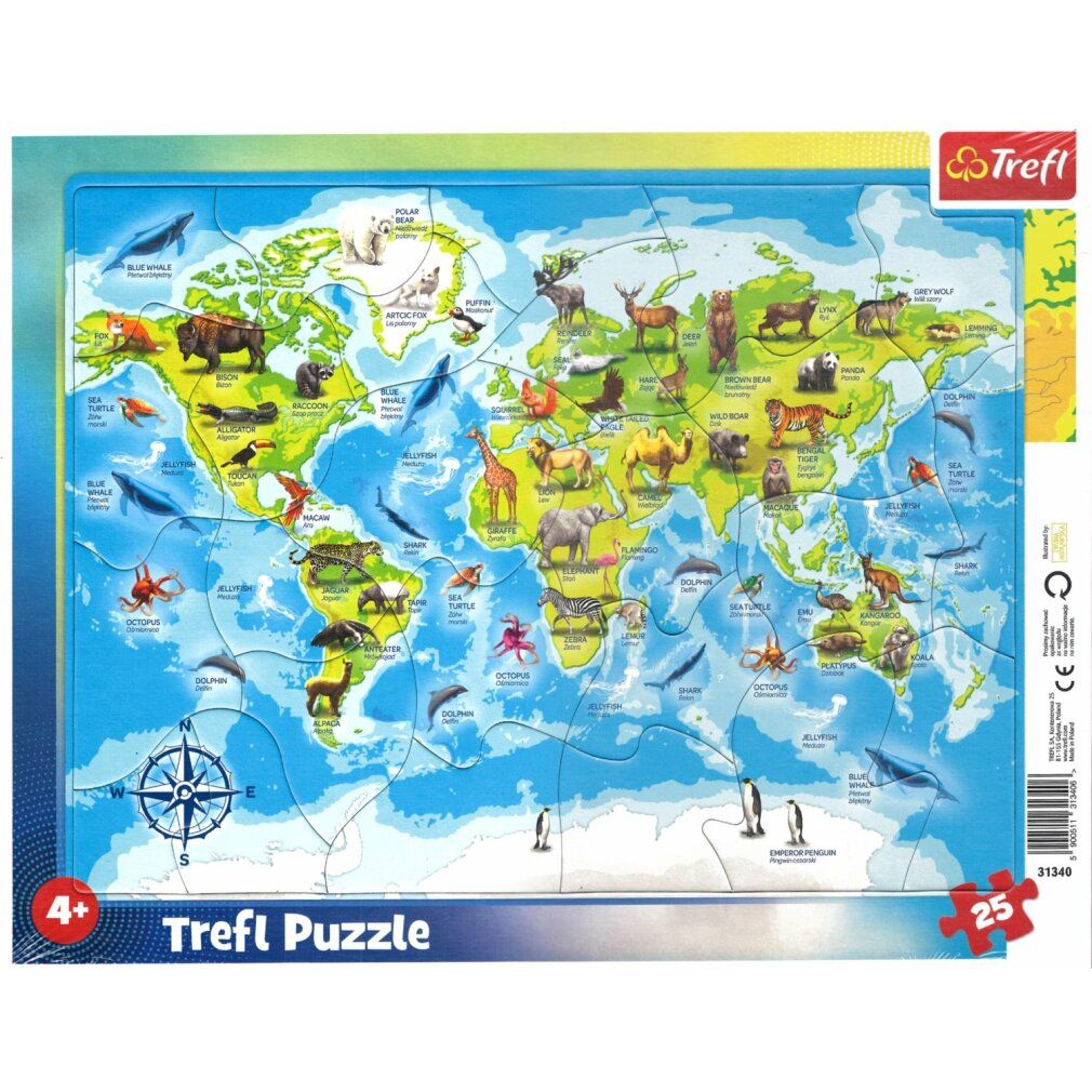 trefl Puzzle mappa del mondo con animali 25 pezzi