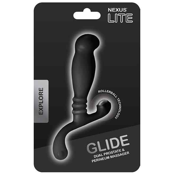 Confezione Nexus Glide Lite con massaggiatore nero e informazioni sul prodotto.