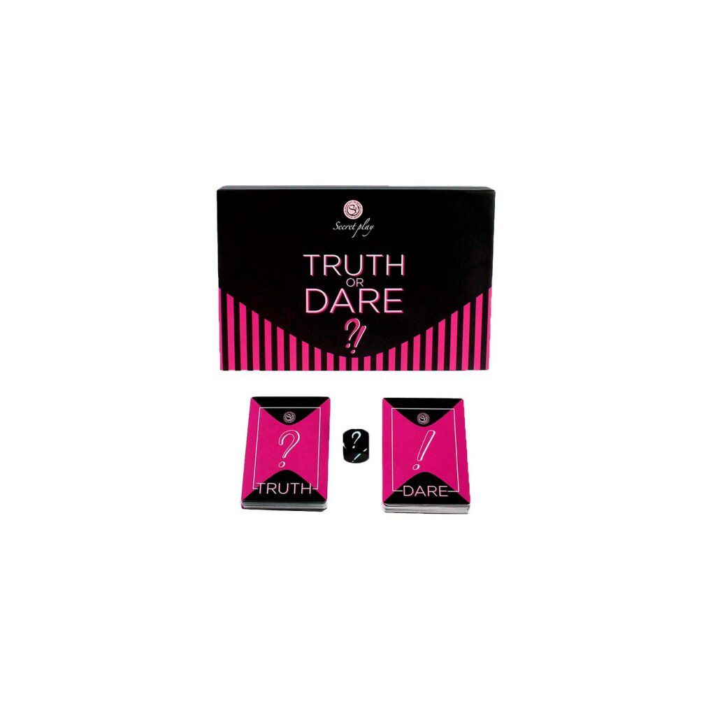 Scatola del gioco "Truth or Dare" con carte e dado. Carte con punti interrogativi ed esclamativi. Elementi neri e rosa.