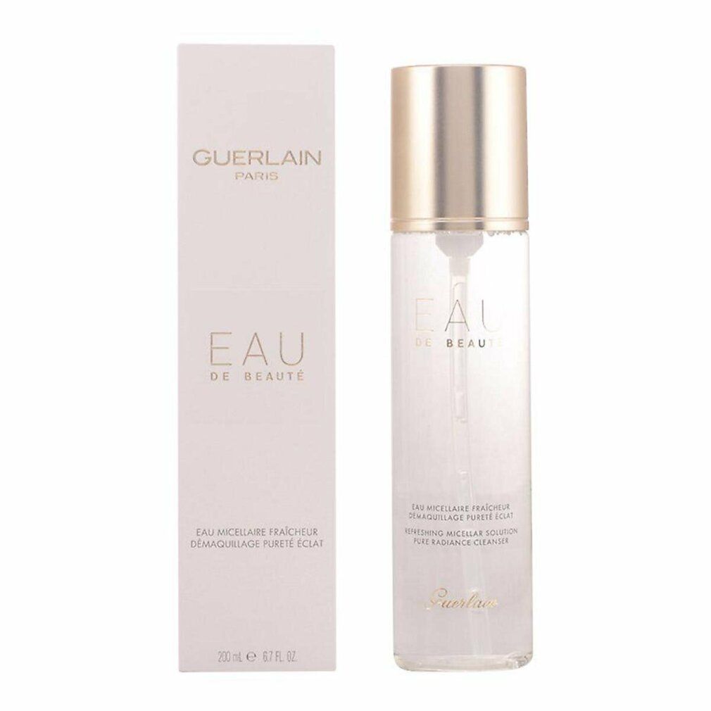Lozione Micellare Eau De Beauté, flacone e confezione. Tappo dorato, flacone trasparente. Testo: Guerlain, Eau de Beauté.