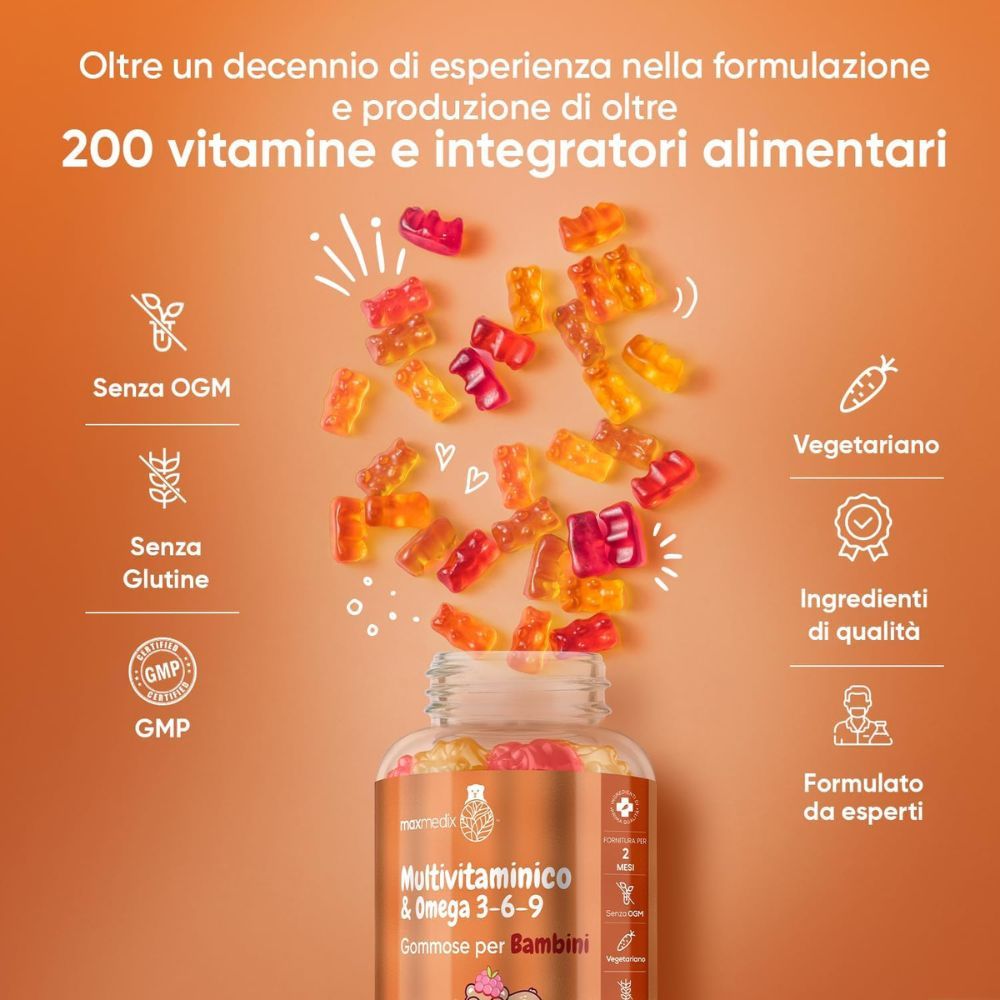 Due bottiglie di caramelle gommose multivitaminiche. Testo: Senza OGM, senza glutine, vegetariano, ingredienti di qualità, formulato da esperti.