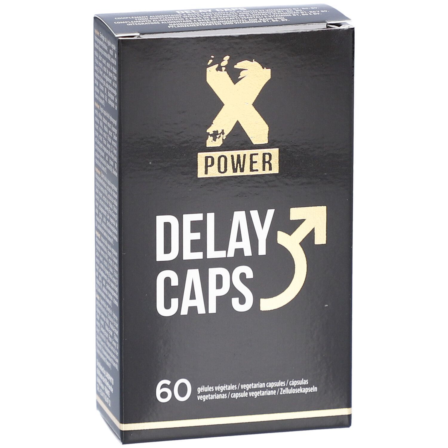 Scatola nera con "X POWER DELAY CAPS" e 60 capsule. Scritte bianche e oro. Capsule vegetariane.