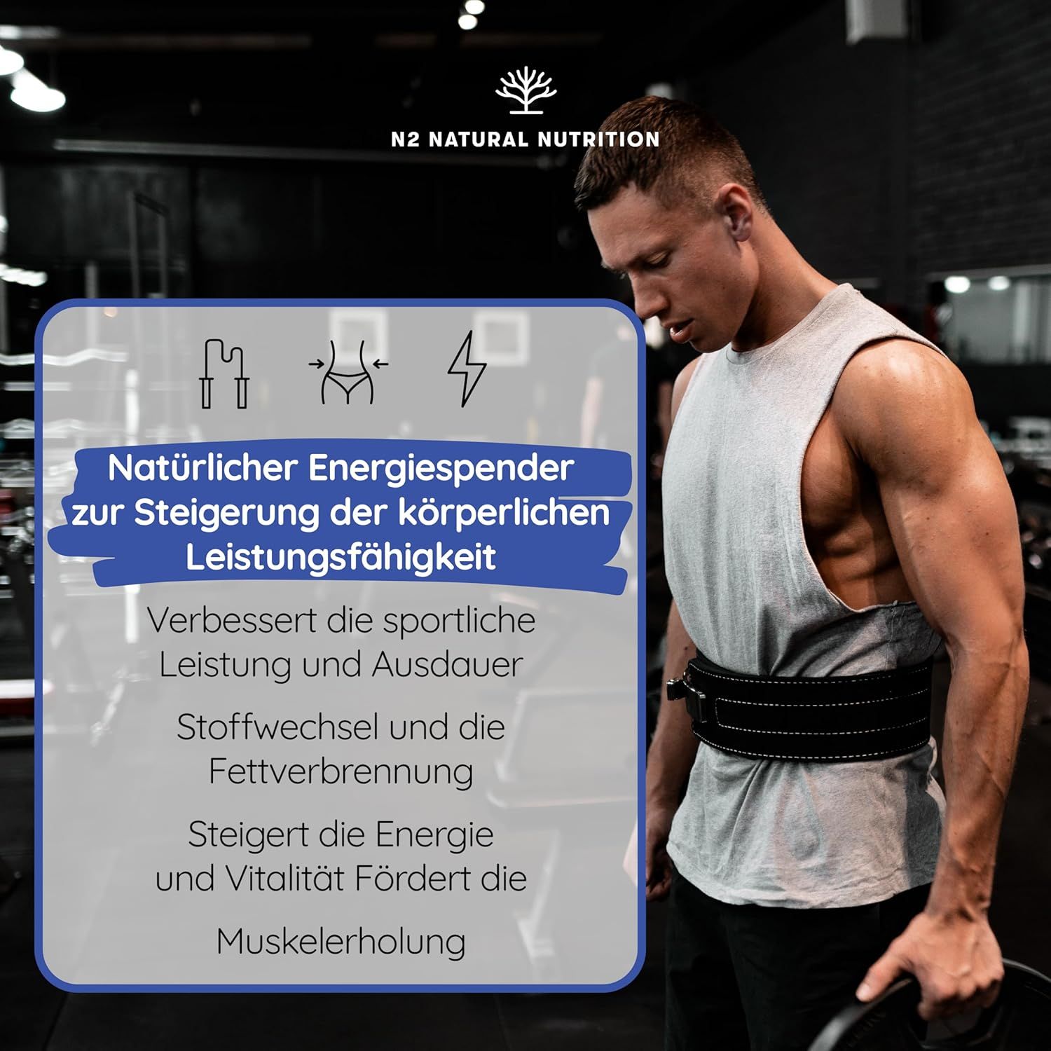 Uomo in palestra. Testo: Fonte di energia naturale per migliorare le prestazioni fisiche. Migliora le prestazioni e la resistenza.