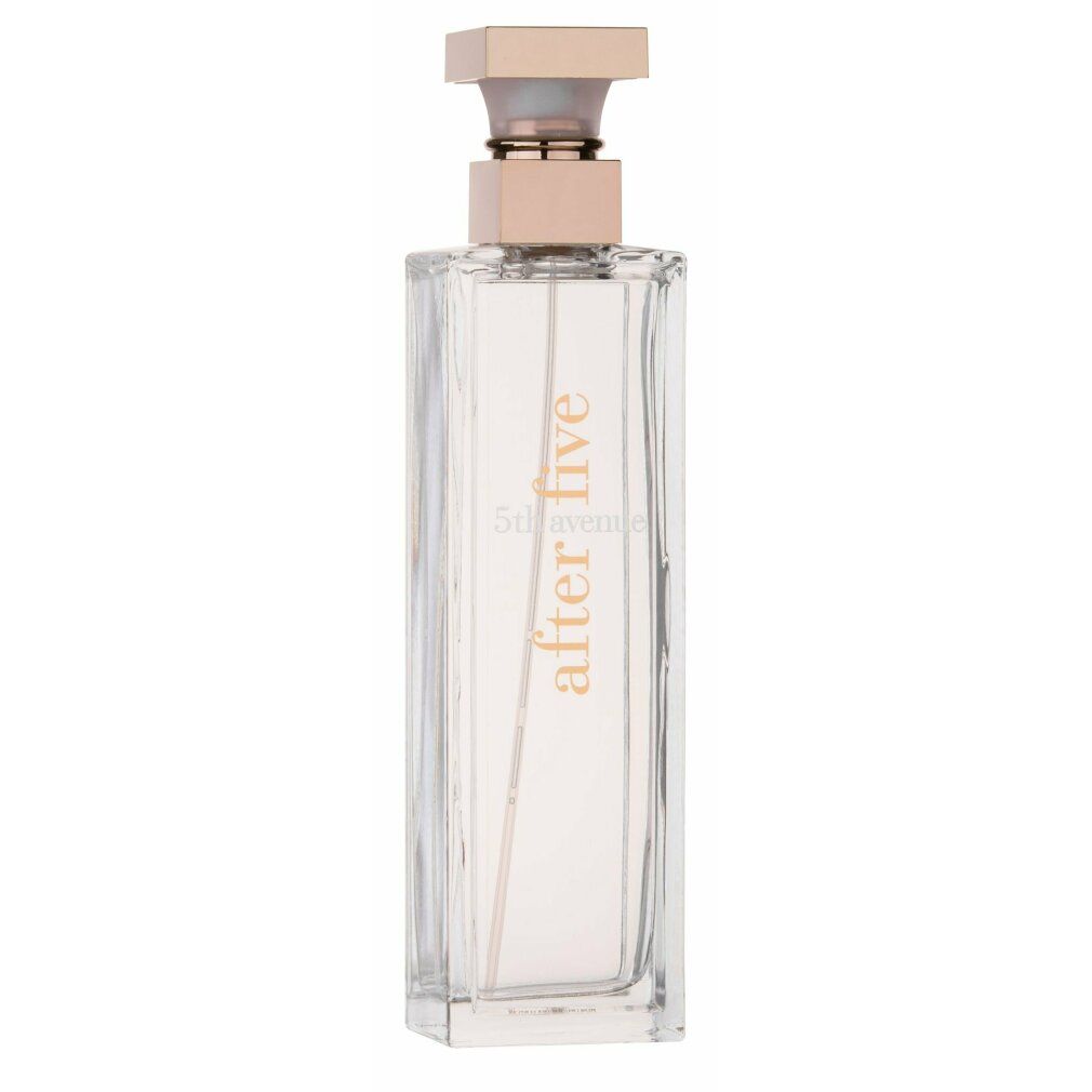 Flacone di profumo. Flacone rettangolare con tappo dorato. Scritta "5th avenue after five".
