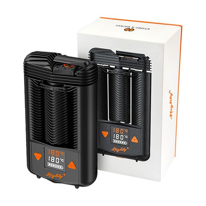 Vaporizzatore MIGHTY+ accanto alla sua confezione, entrambi con display digitale della temperatura.
