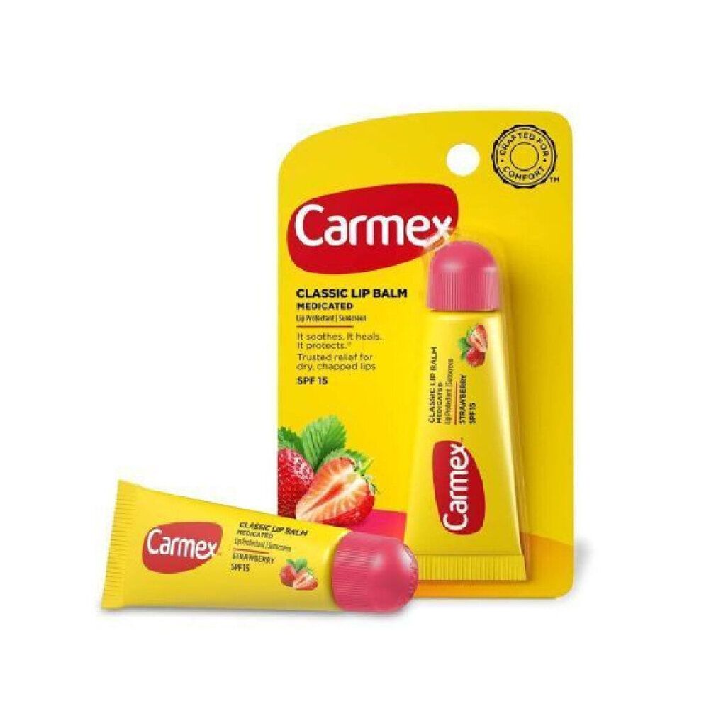 Tubi di balsamo per labbra Carmex gialli con tappi rosa, su confezione gialla con fragole. Testo: Carmex, Classic Lip Balm, SPF 15.