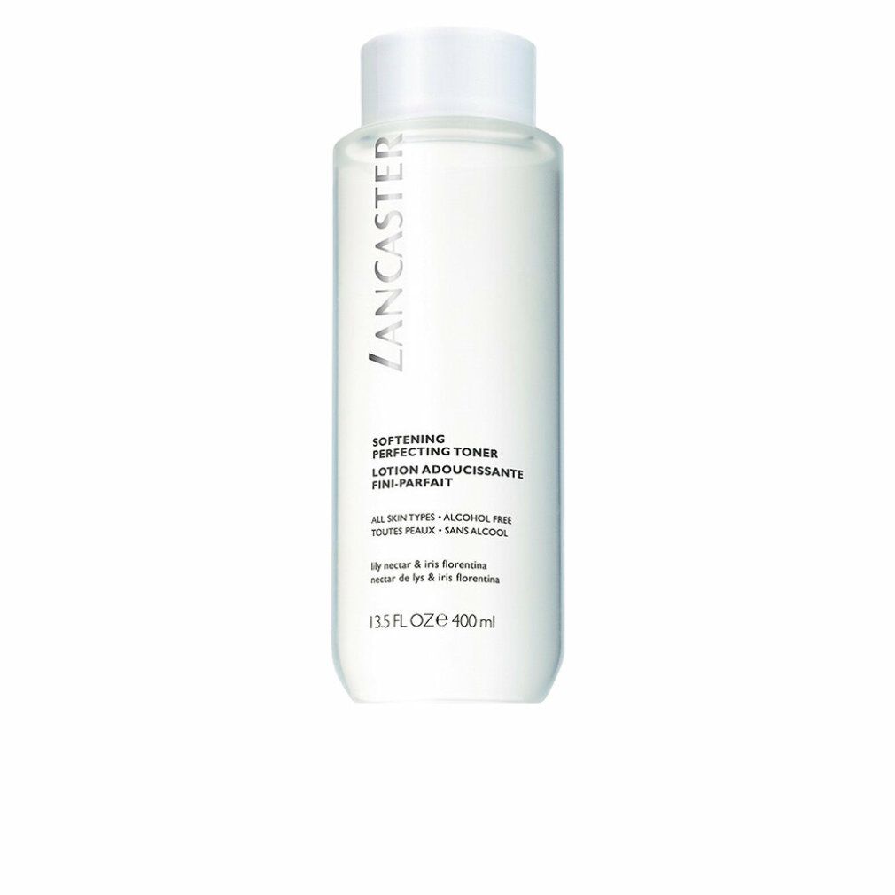 Flacone cilindrico bianco con tappo bianco. Scritta: Lancaster, Softening Perfecting Toner, 13.5 FL OZ, 400 ml.