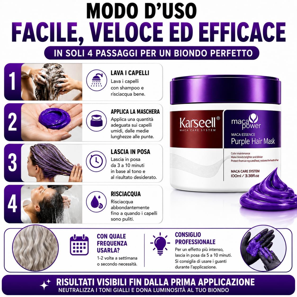 KARSEELL Maschera Capelli Viola Professionale Antigiallo Capelli Biondi Grigi Platino Decolorati