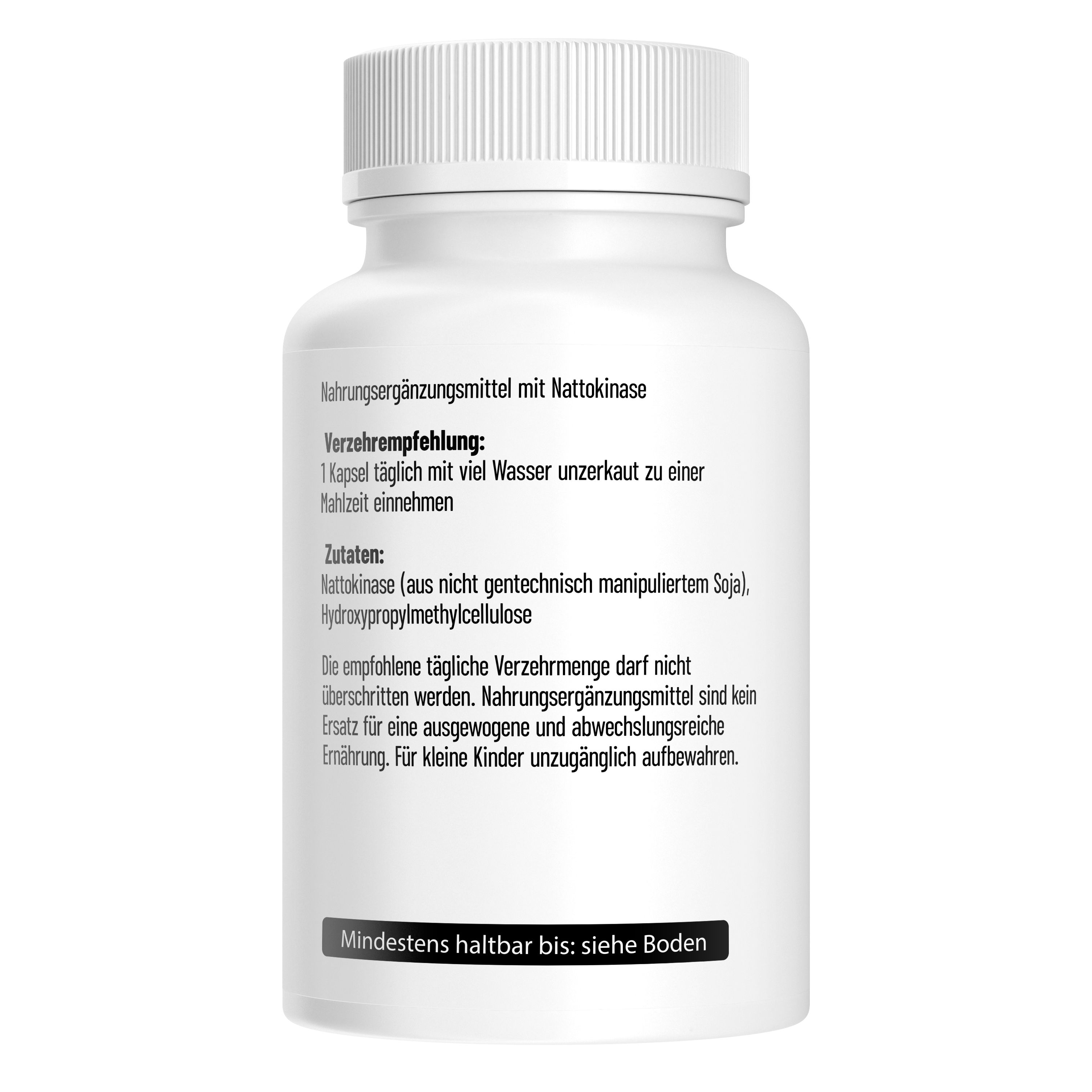 Retro di una bottiglia di Nattokinase con informazioni nutrizionali e istruzioni per l'uso.