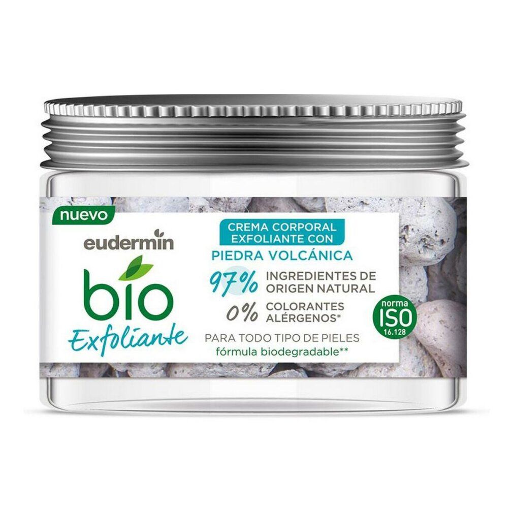 Vaso in vetro con coperchio argentato. Etichetta con informazioni sul prodotto: Eudermin Bio Exfoliante, 97% ingredienti naturali.