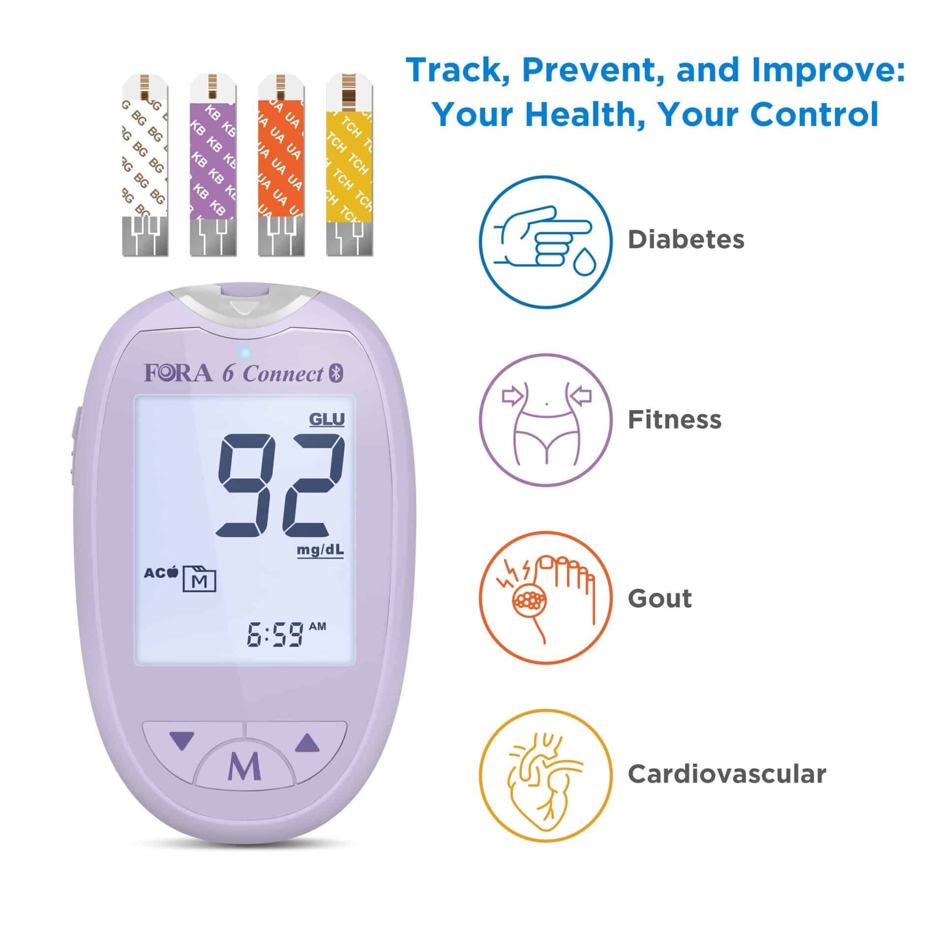 Misuratore di glicemia lilla con display. Mostra 92 mg/dl. Strisce reattive in alto. Testo: Track, Prevent, and Improve.