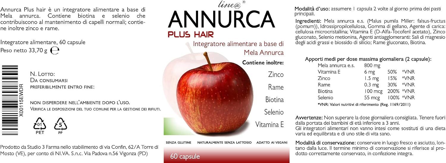 Annurca Plus Hair Line, integratore alimentare con estratto di mela, zinco, rame, biotina, selenio, vitamina E.