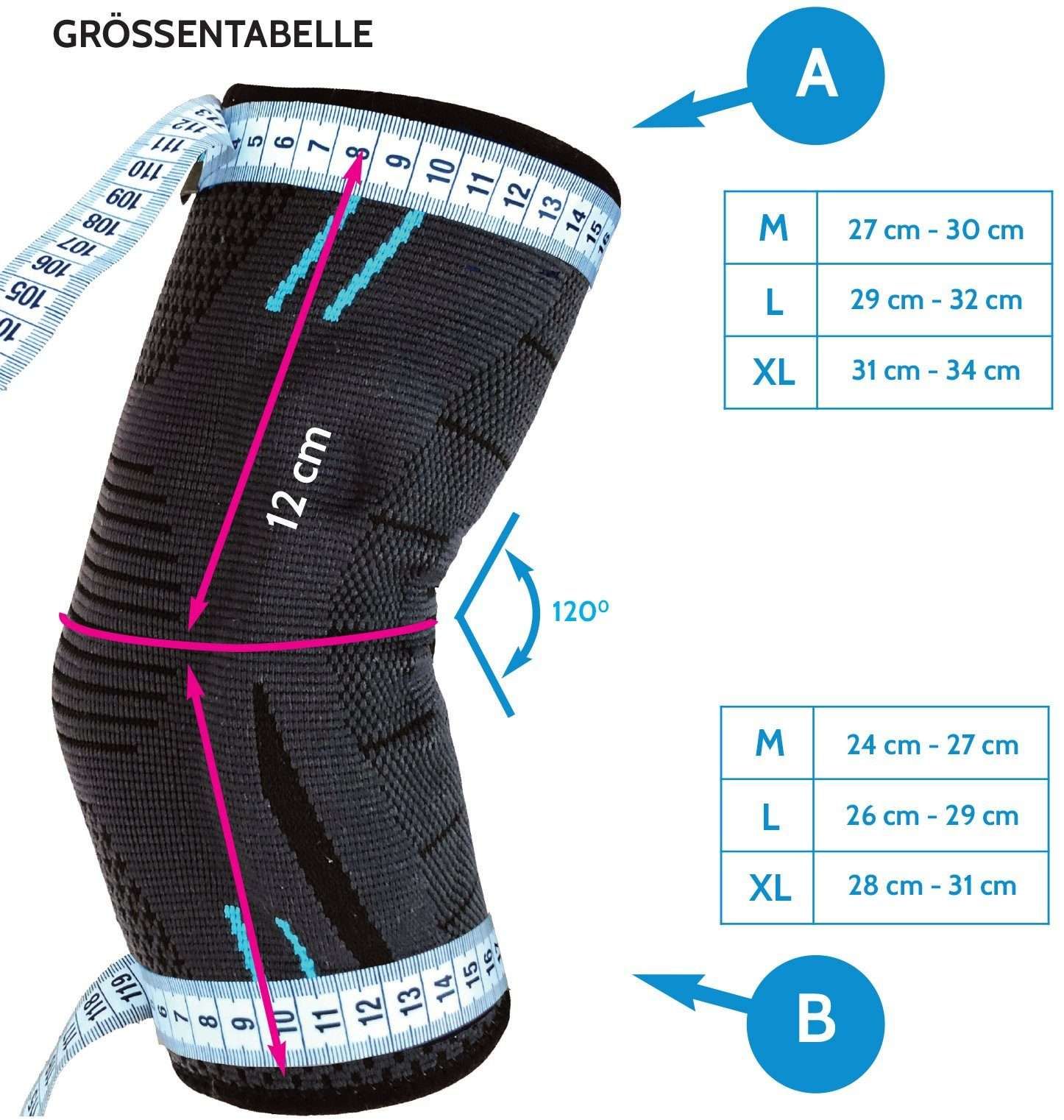 Tutore per gomito nero con dettagli blu. Indicazioni taglie in cm. Misure: 12 cm, angolo 120 gradi. Tabelle per M, L, XL.