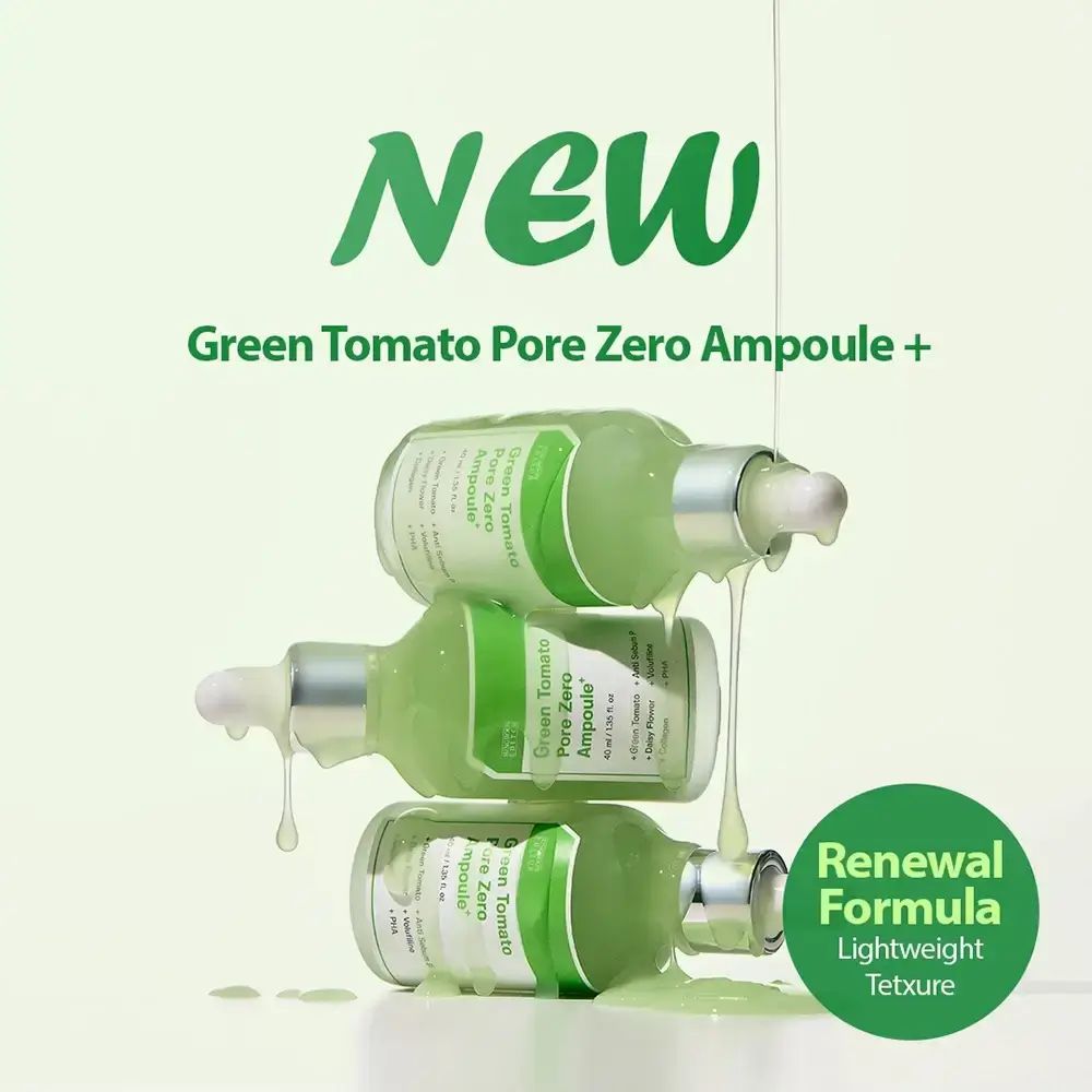 Tre fiale verdi, liquido che gocciola. Testo: Green Tomato Pore Zero Ampoule +. Nuovo design.