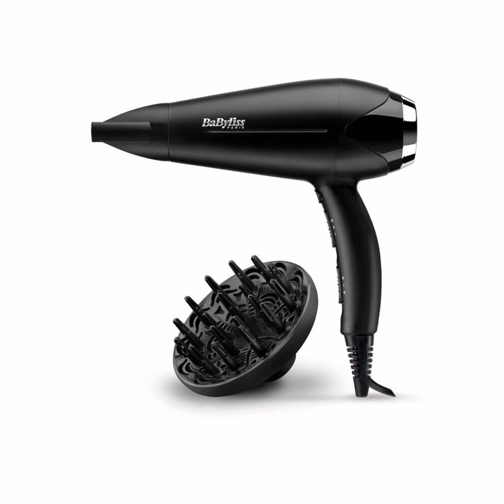 Asciugacapelli nero con diffusore. Marchio BaByliss. Dettagli argento. Cavo di alimentazione.
