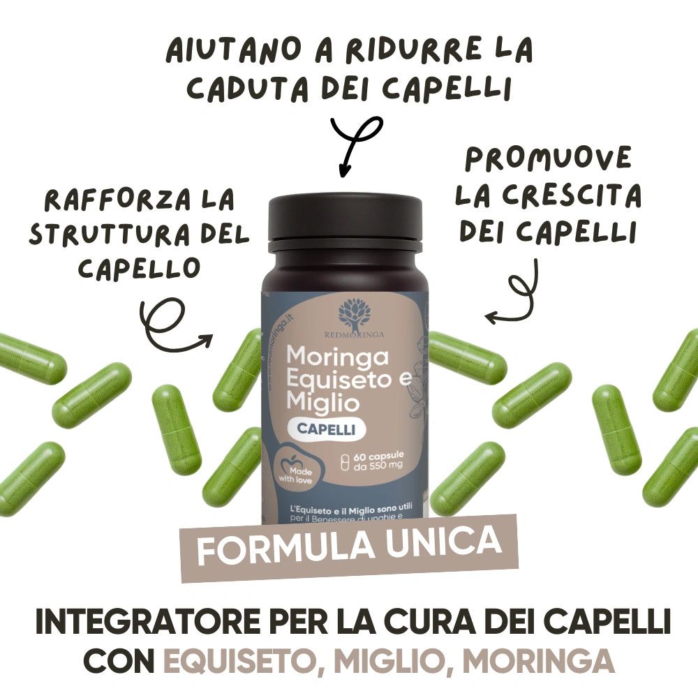 Flacone di capsule con capsule verdi. Scritta: Moringa Equiseto e Miglio CAPELLI. Frecce indicano: rafforza la struttura dei capelli, favorisce la crescita.