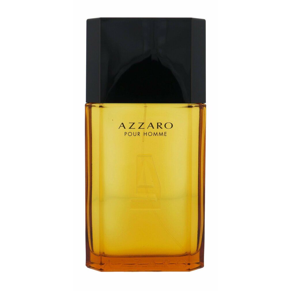 Flacone in vetro ambrato con tappo nero. Scritta: AZZARO POUR HOMME. Forma angolare con design geometrico.