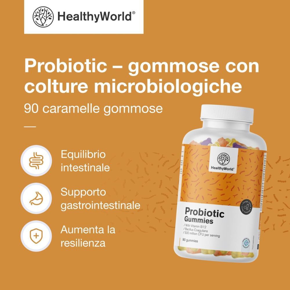Flacone di Probiotic Gummis. Testo: Probiotic - gommose con colture microbiologiche. 90 caramelle. Informazioni sul prodotto.