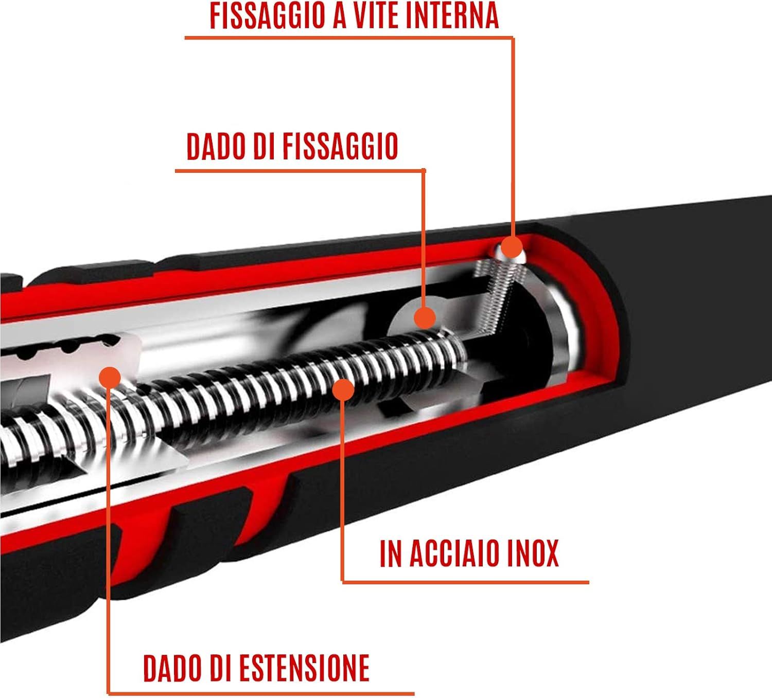 Dettaglio della barra per trazioni. Maniglia nera, filettatura interna, acciaio inox. Viti ed estensione.