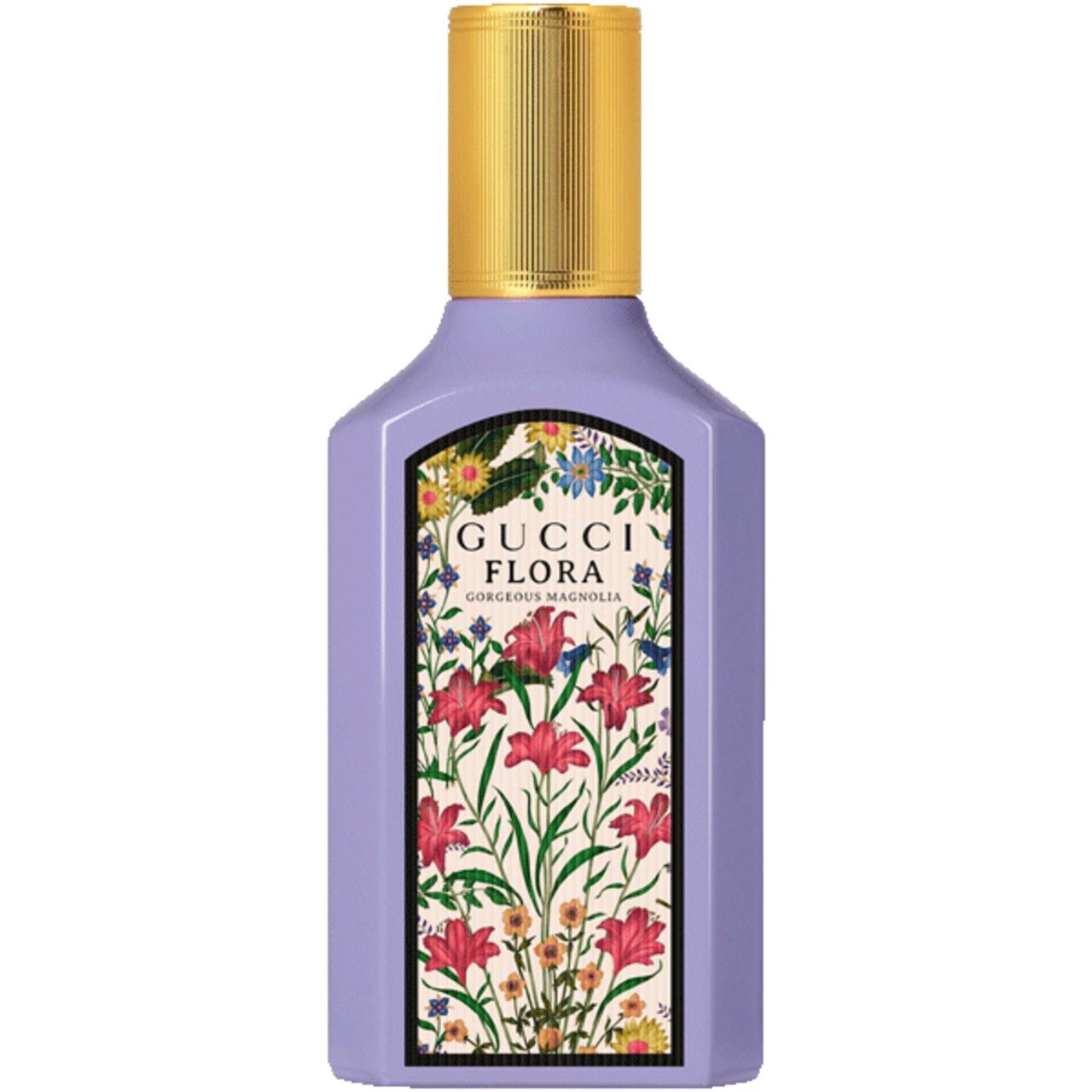 Flacone Gucci Flora Gorgeous Magnolia con etichetta floreale. Tappo dorato. Sfondo bianco.