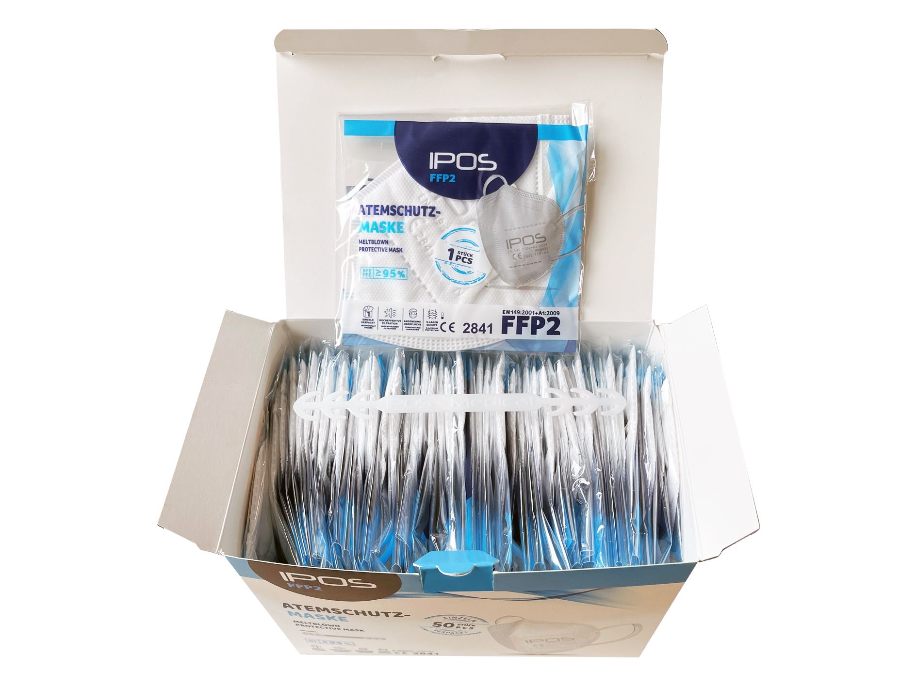 Maschera FFP2 IPOS 50 pezzi - confezionata singolarmente, supporto per maschere incluso.