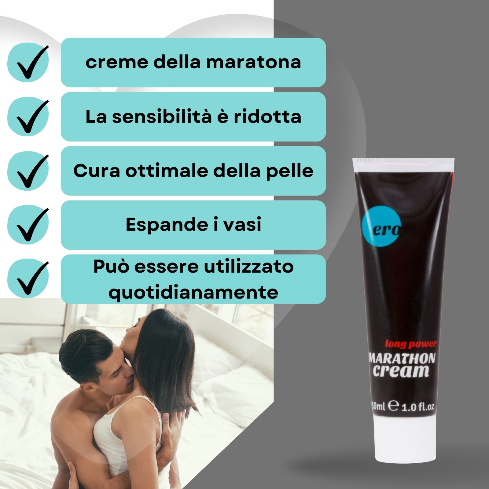 Prodotto e testo. Scritto: Crema maratona, la sensibilità è ridotta, ecc. Coppia a letto.