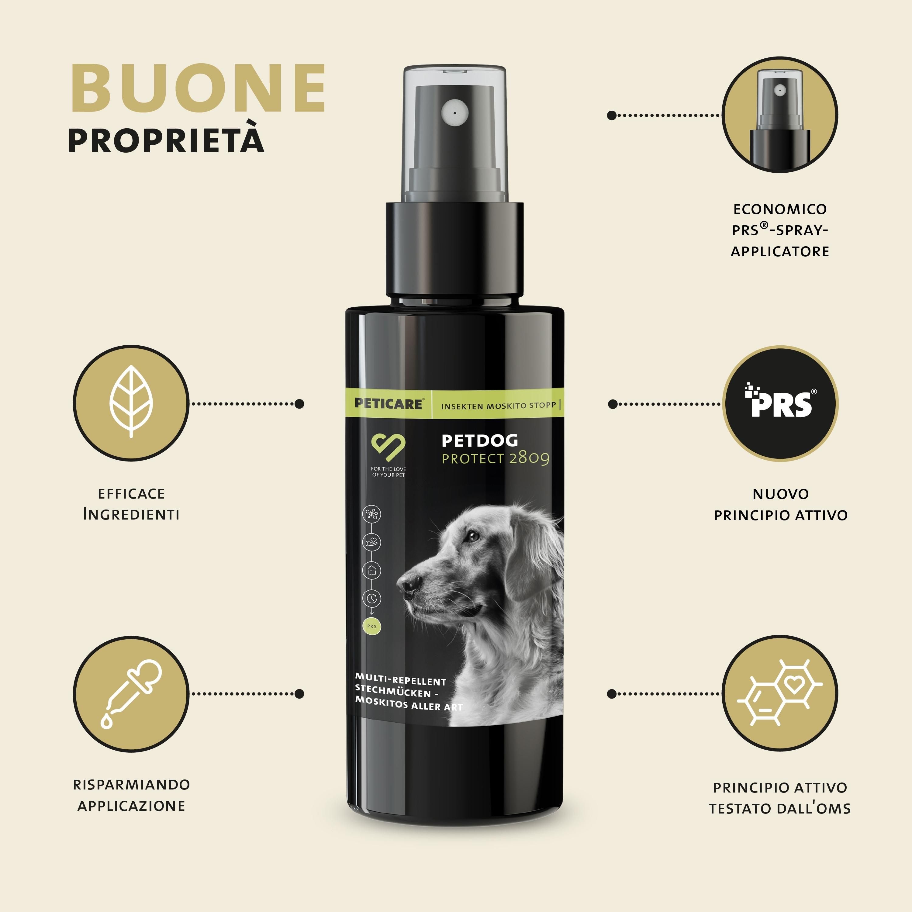 Flacone nero con spruzzatore. Testo: Peticare, PETDOG PROTECT 280g. Grafici che mostrano i vantaggi: ingredienti efficaci, applicazione parsimoniosa.