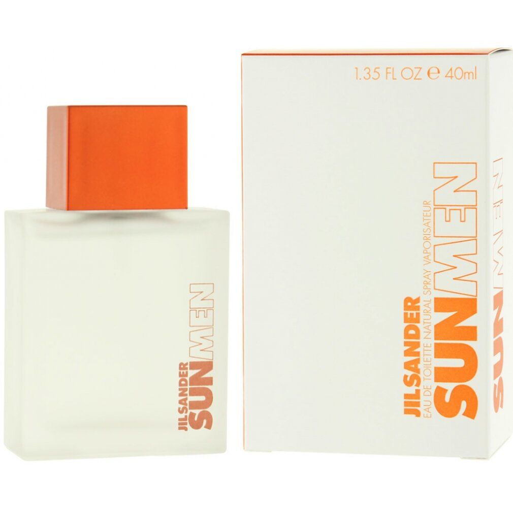 Flacone e confezione. Flacone rettangolare, tappo arancione. Confezione bianca con scritta SUN MEN. Logo Jil Sander.