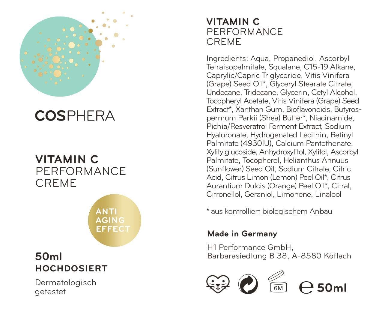 Retro del flacone di crema Cosphera Vitamina C con ingredienti e informazioni di produzione.