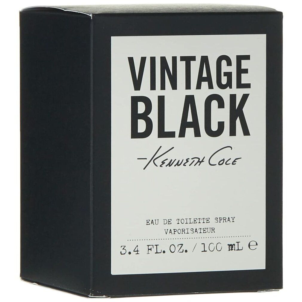 Scatola nera con etichetta bianca. Scritta: VINTAGE BLACK -Kenneth Cole-. Eau de Toilette Spray. 3.4 FL. OZ. / 100 ml.