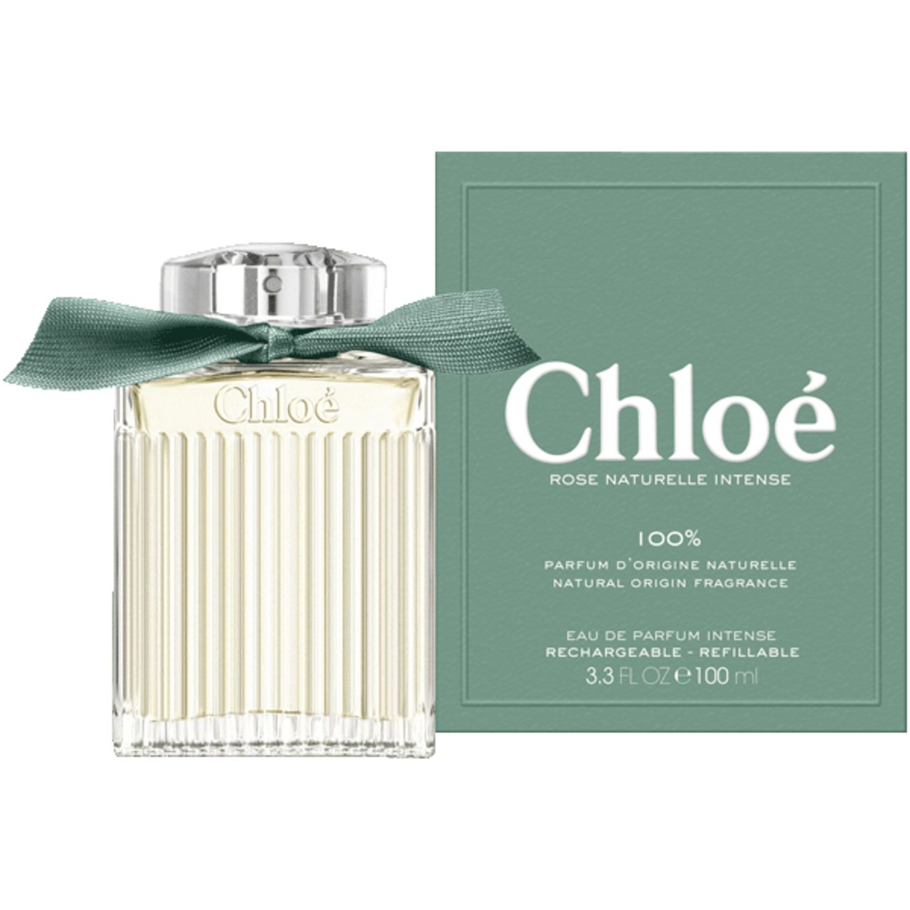 Flacone di profumo e confezione. Flacone con nastro verde, scritta Chloé. Confezione verde con Chloé, Rose Naturelle Intense.