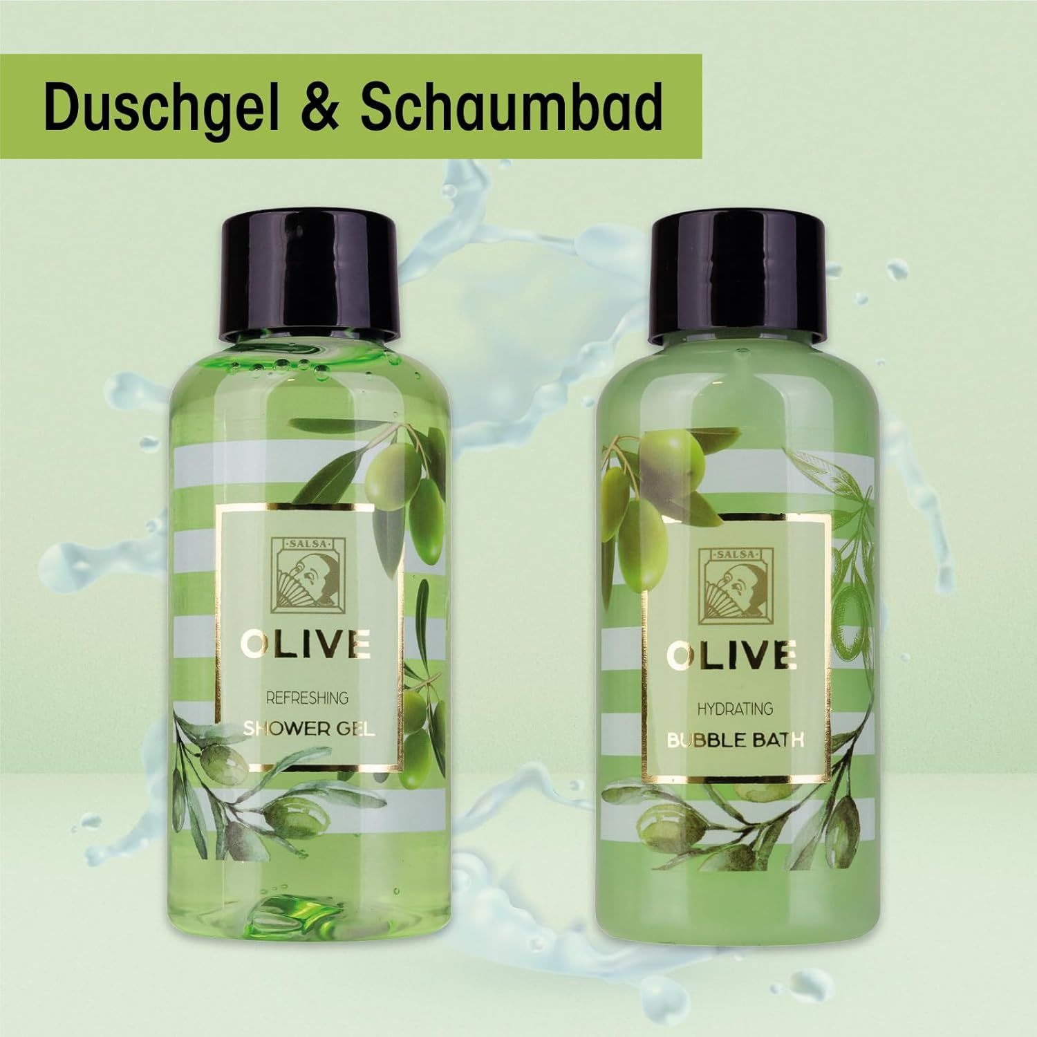 Due bottiglie: gel doccia e bagno schiuma. Strisce verdi, motivo olive. Tappi neri. Scritta: OLIVE.