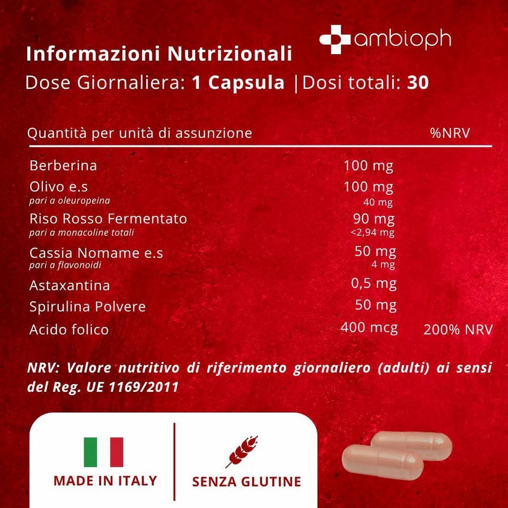 AMBIOPH - Riso rosso fermentato colesterolo - Integratore con Riso Rosso, Berberina, Acido Folico,