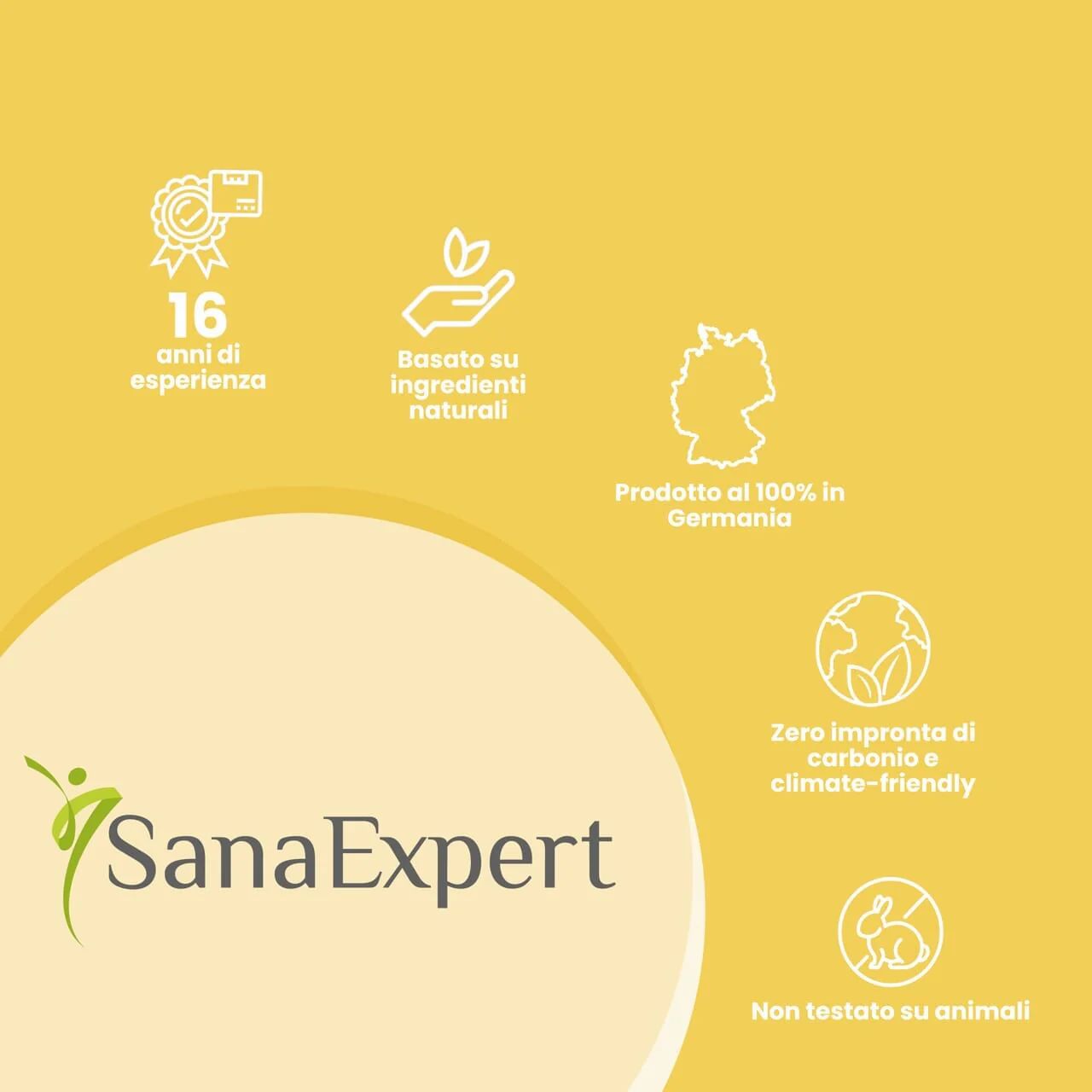 Logo SanaExpert. 16 anni di esperienza, ingredienti naturali, prodotto in Germania.
