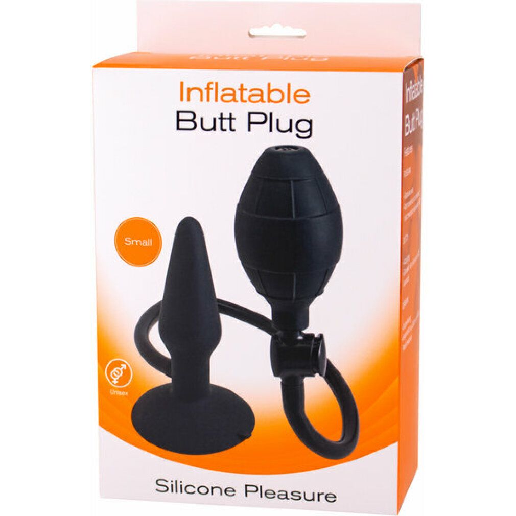 Plug anale gonfiabile nero con pompa. Confezione con scritta "Inflatable Butt Plug Small".