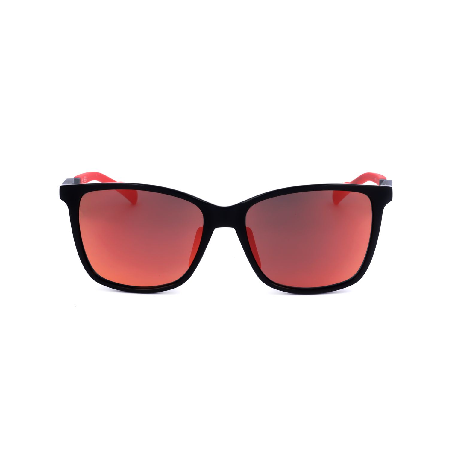 Occhiali da sole neri con aste rosse e lenti a specchio arancioni.