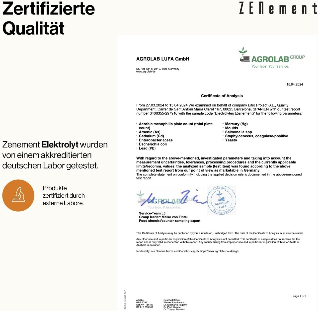 Documento di certificazione di AGROLAB LUFA GmbH. Testo: Zenement Elektrolyt testato da un laboratorio tedesco accreditato.