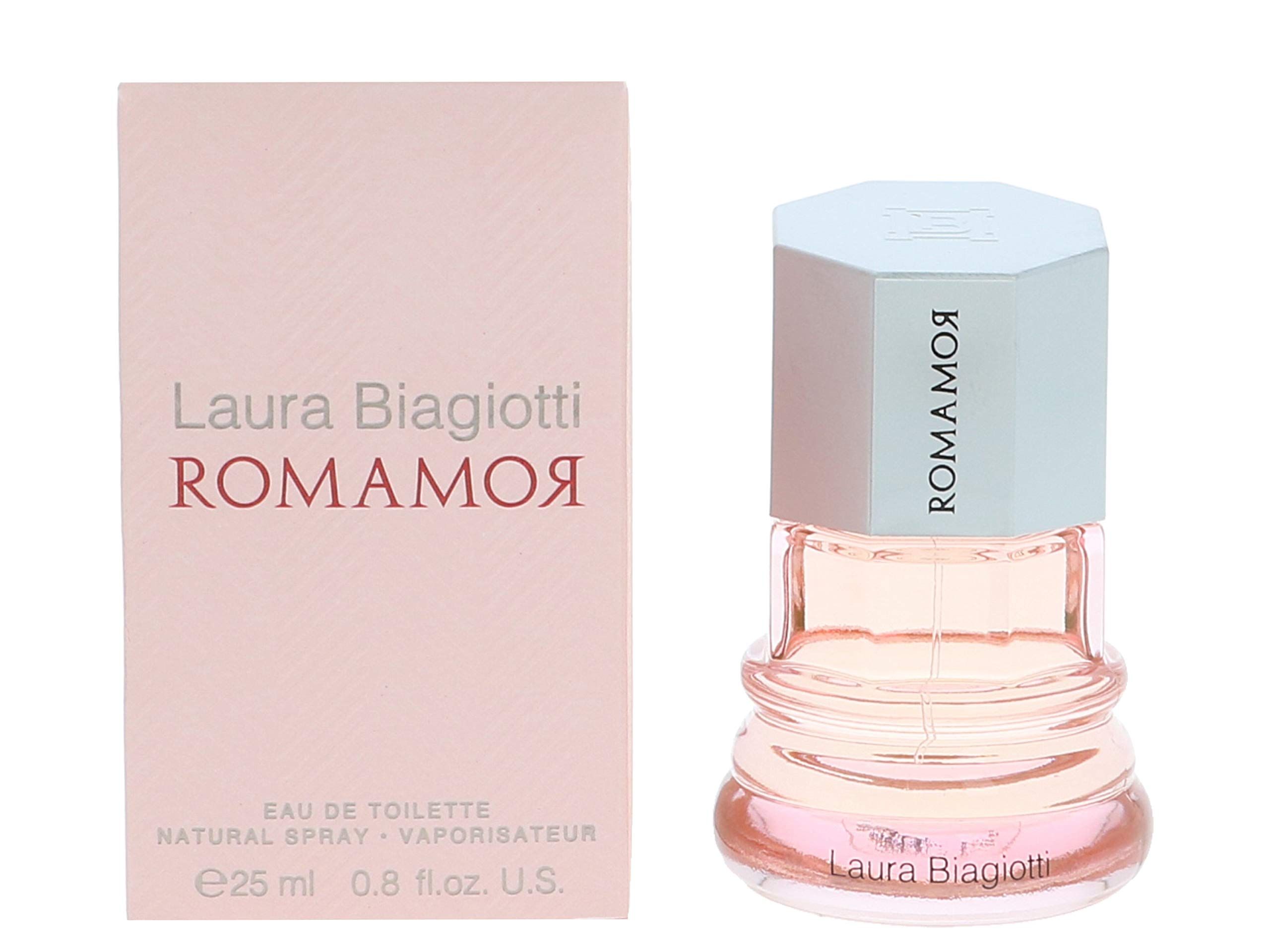 Laura Biagiotti Romamor Eau de Toilette e confezione. Flacone rosa con tappo argentato accanto a una scatola rosa con testo.