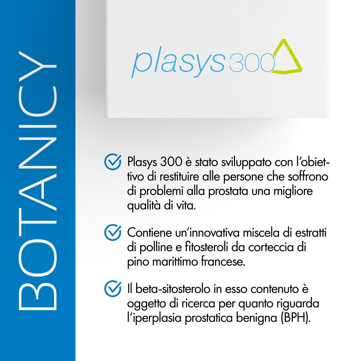 Testo su sfondo bianco. Testo: PRO UOMO Complesso Vitale. Informazioni su Plasys 300. Contiene una miscela di estratti di polline.