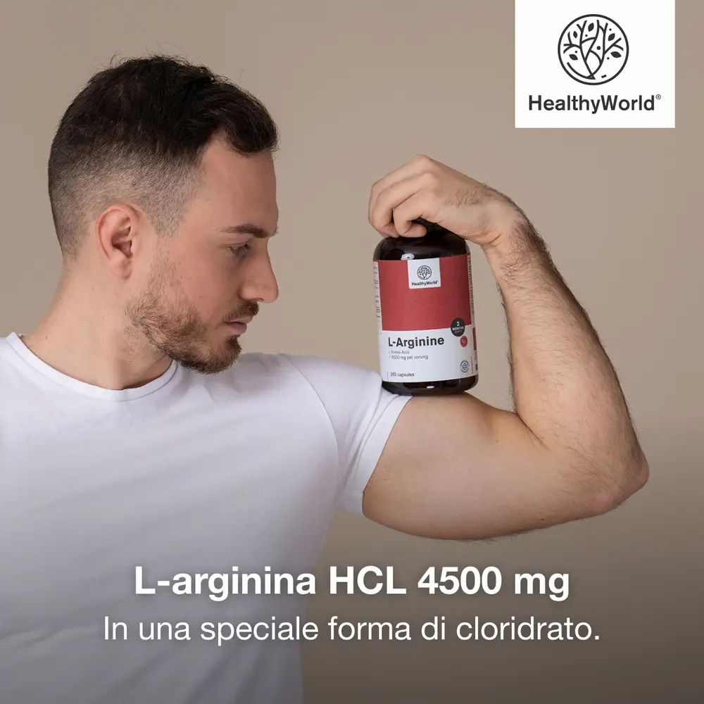 Flacone di L-Arginina HCL, 4500 mg, 365 capsule. Testo: Indispensabile per chi vuole migliorare le prestazioni sportive.