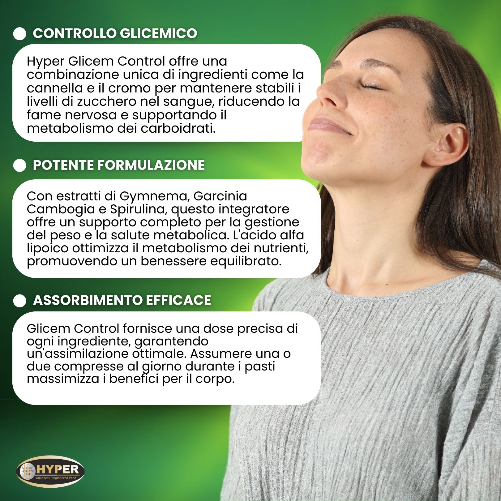 Donna con occhi chiusi. Testo: Hyper Glicem Control. Controllo glicemico, formulazione potente, assorbimento efficace. Descrizione prodotto.