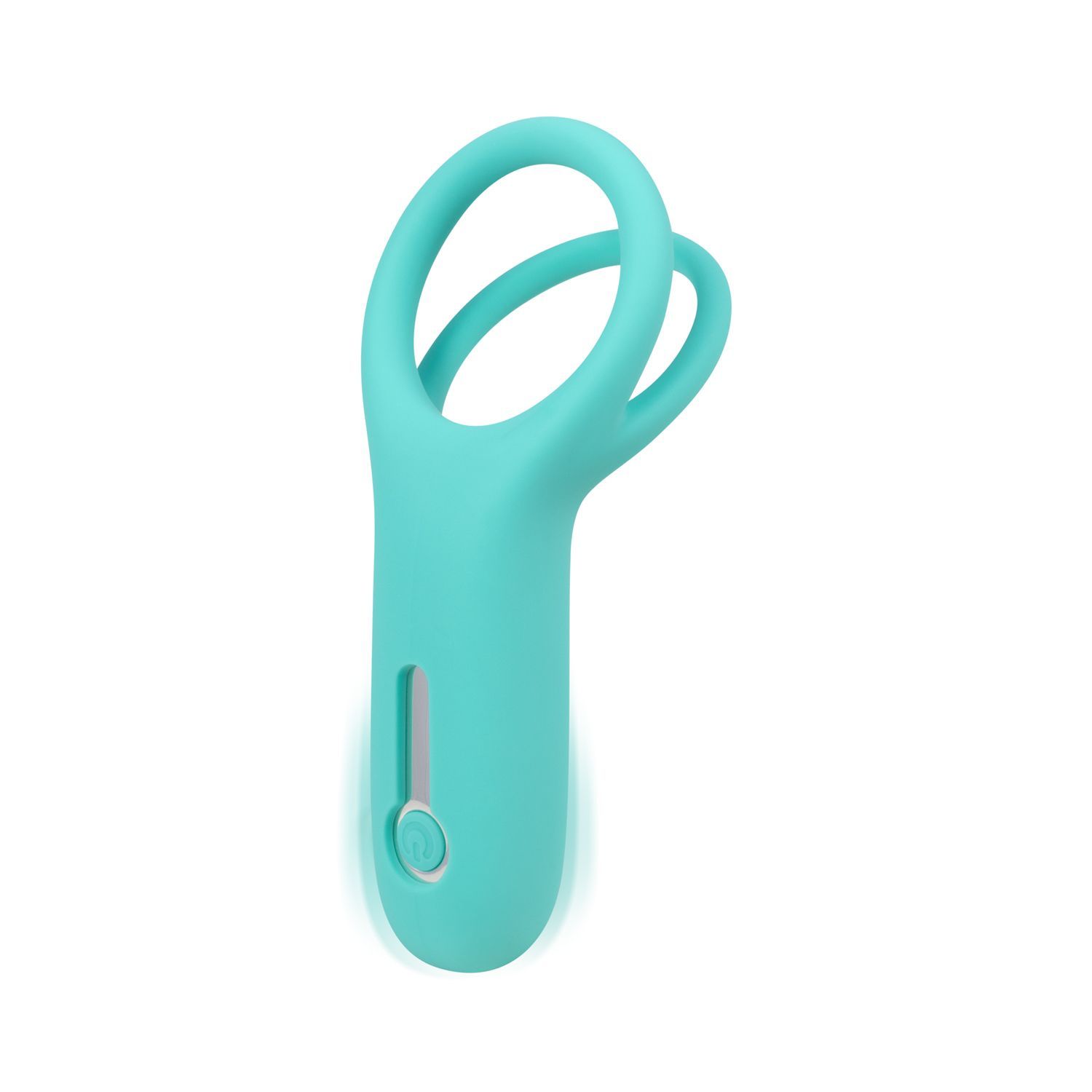Vibratore ad anello turchese con due anelli e un pulsante. Con una fessura allungata.