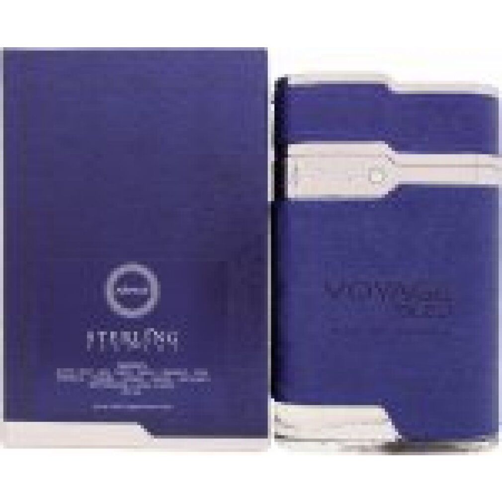 Flacone blu e confezione. Flacone con dettagli argentati. Marchio Armaf. Testo su flacone e confezione: Voyage Bleu Eau de Parfum.