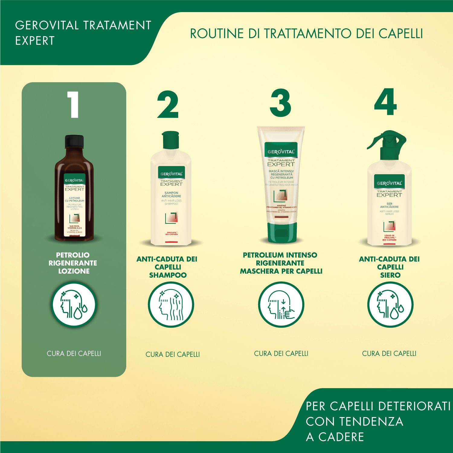 Rappresentazione grafica di quattro prodotti per capelli. Scritta: Gerovital Tratament Expert. Prodotti: Petrolio Rigenerante Lozione, Anti-caduta dei capelli Shampoo, Siero.