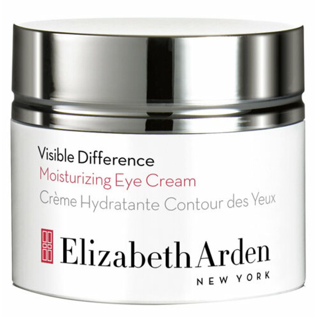 Vaso di crema con coperchio argentato. Scritta: Visible Difference Moisturizing Eye Cream. Marchio: Elizabeth Arden.